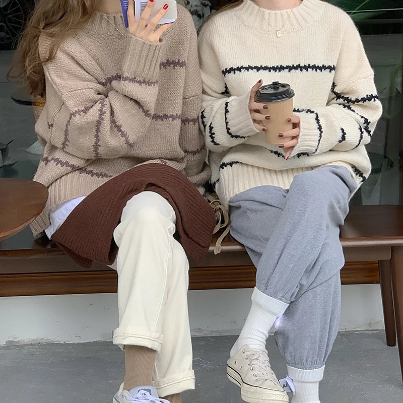 Herbst Winter Gestreiften Pullover Pullover Frauen Gestrickte Shirts Lange Hülse Lose Mock Neck Outwear Casual Pullover Tops Strickwaren