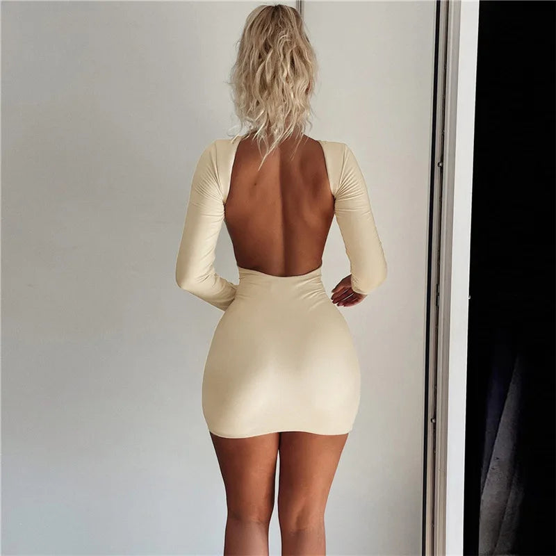 Zahlung Casual Mini Kleid Frauen Prägnante Klassische Backless Volle Hülse O-ansatz Grundlegende Weibliche Bodycon Straße Kleidung