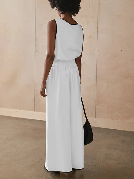 Summer Loose Solid Color 2 Piece Sets Woman Outfit 2025 Fashion Sleeveless Tank Top With High Waist Slit Wide Pants Set.