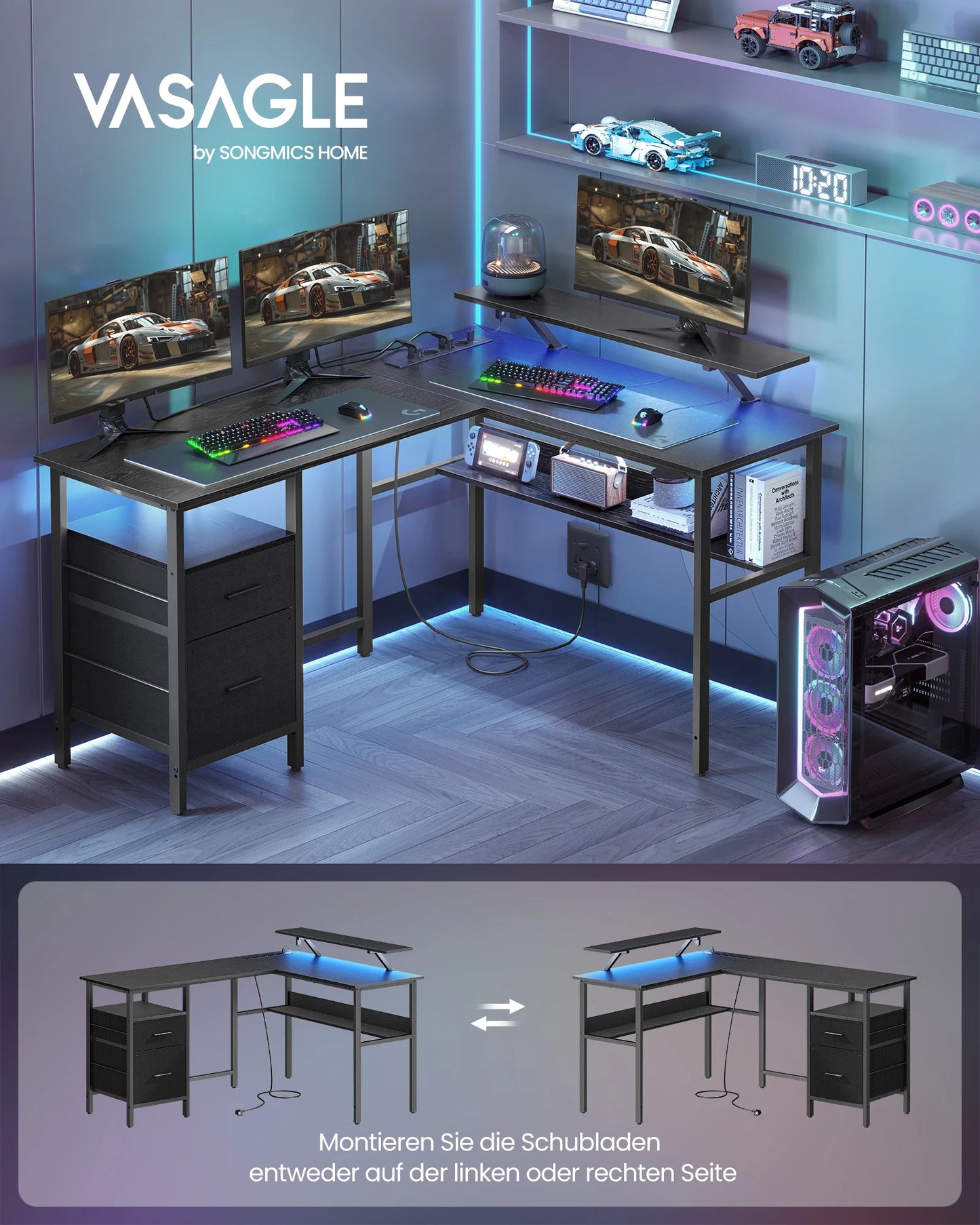 VASAGLE L-förmiger Schreibtisch mit Steckdosen, Eckschreibtisch, Computertisch, Monitorständer, Gaming-Tisch, LED-Beleuchtung