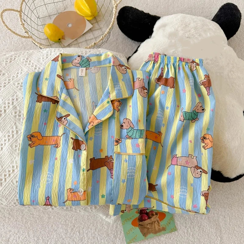Stern Gestreiften Hund Druck Kawaii Pyjamas für Frauen Y2K Mode Revers Hals frauen Pyjamas Sommer Neue Süße Nette Hause tragen Frau