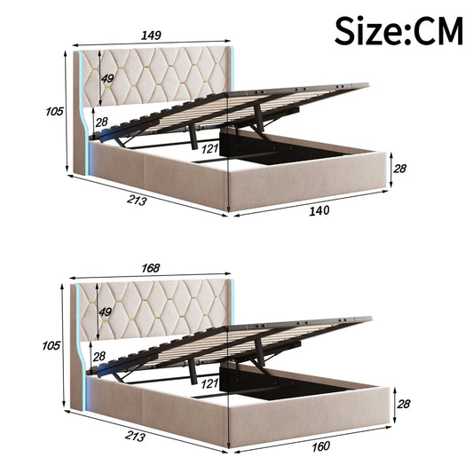 Comanlai 140 x 200 cm/160 x 200 cm hydraulisches Bett mit Stauraum, gepolstertes Bett mit Kopfteil, Kopfteil mit LED-Leuchten, Doppelbett, Flanell