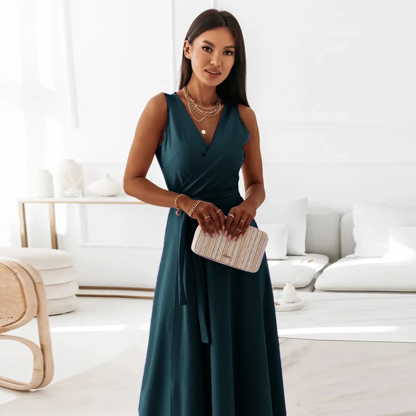 Frühling Sommer Neue Stil frauen Lange V-ausschnitt Kleid Reine Farbe Maxi Kleid Ärmelloses Empire-Taille Kleid für Damen Modische