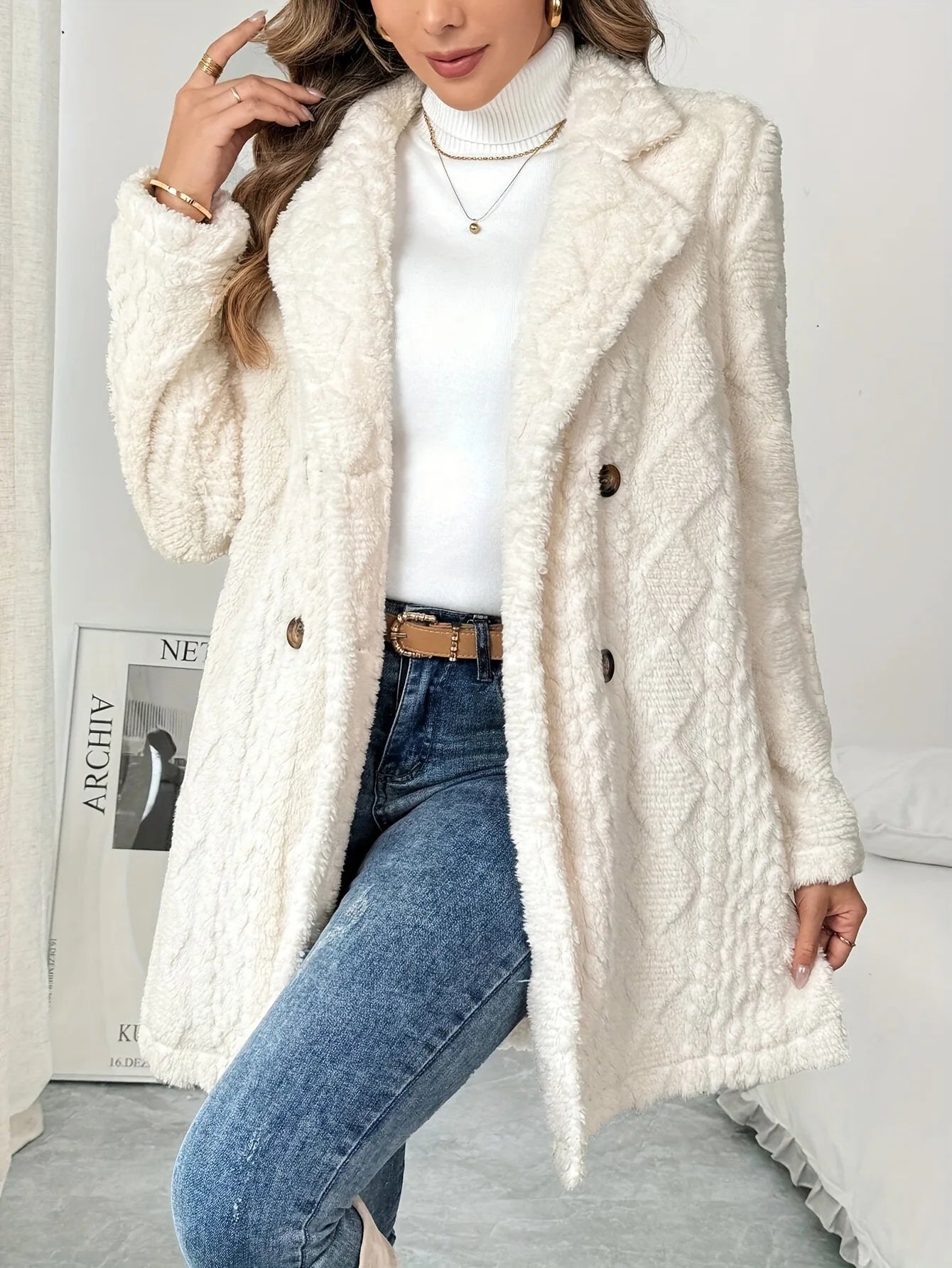 VigoCasey 2025, Herbst Winter Frauen Casual Jacke Weiß Dicken Plüsch Warme Mantel Langarm Weiche Strickjacke Dame Einreiher Mantel