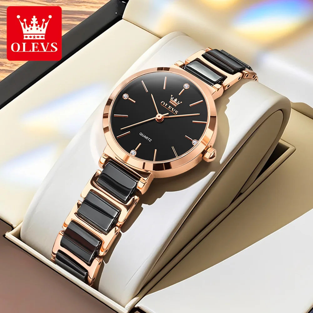 OLEVS 5877 Japan Quartz Movement Woman Watch Simple Elegant Luxury Rose Gold Ceramics Strap Waterproof Ladies Dress Wristwatch.
