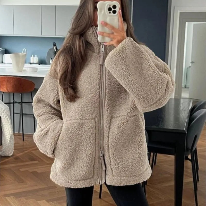 Winter Fleece frauen Mantel Zipper Stehkragen Lose Verdickt Mantel frauen Herbst Warme Neue Casual Trendy frauen Mantel