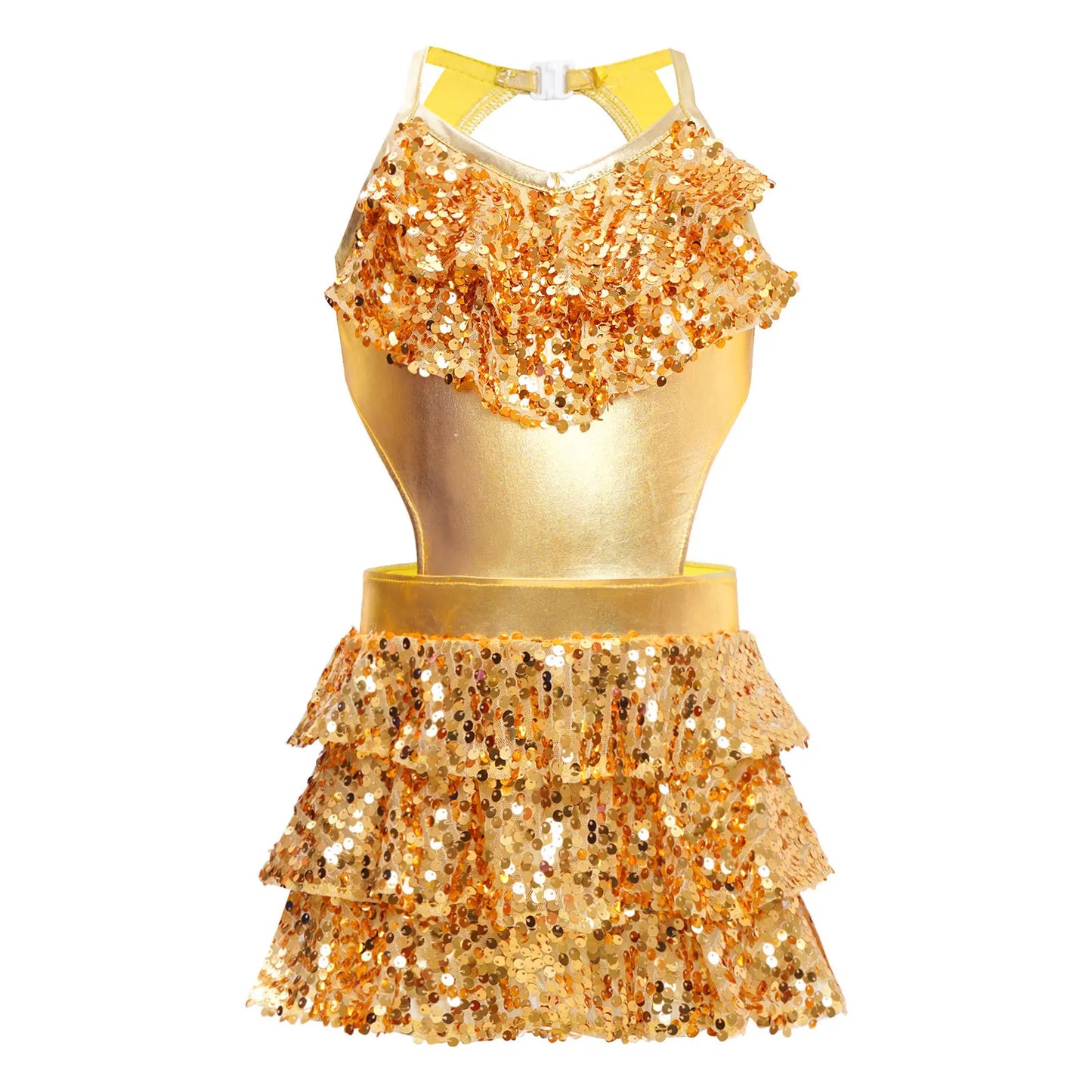 Kinder Mädchen Pailletten Jazz Ballett Tanzkleid Ärmellos Ausschnitt Tiered Rüschen Trikot Salsa Samba Rumba Skating Performance Kostüm