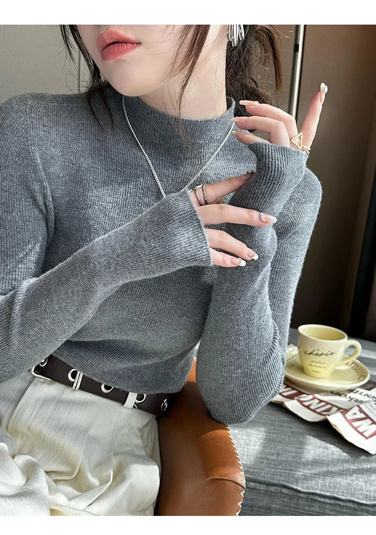 Herbst Winter Pullover Pullover Bodenbildung Shirt Frauen Gestrickte Shirts Weibliche Lange Hülse Mock Neck Elastische Dünne Pullover Stricken Tops