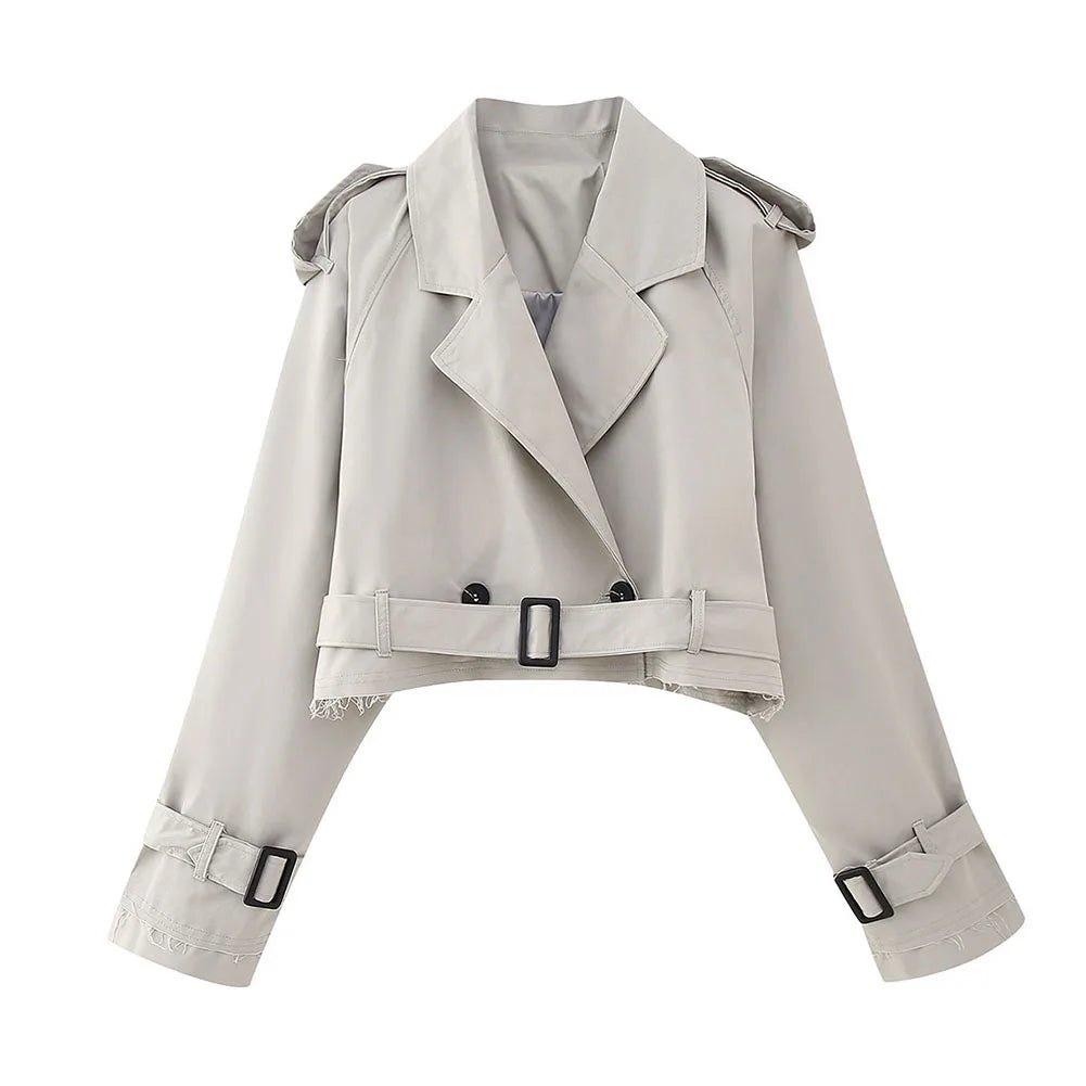 Frauen kurze Blazer Jacken Herbst elegante Vintage einfarbige Langarm Zweireiher Trenchcoat mit Gürtel