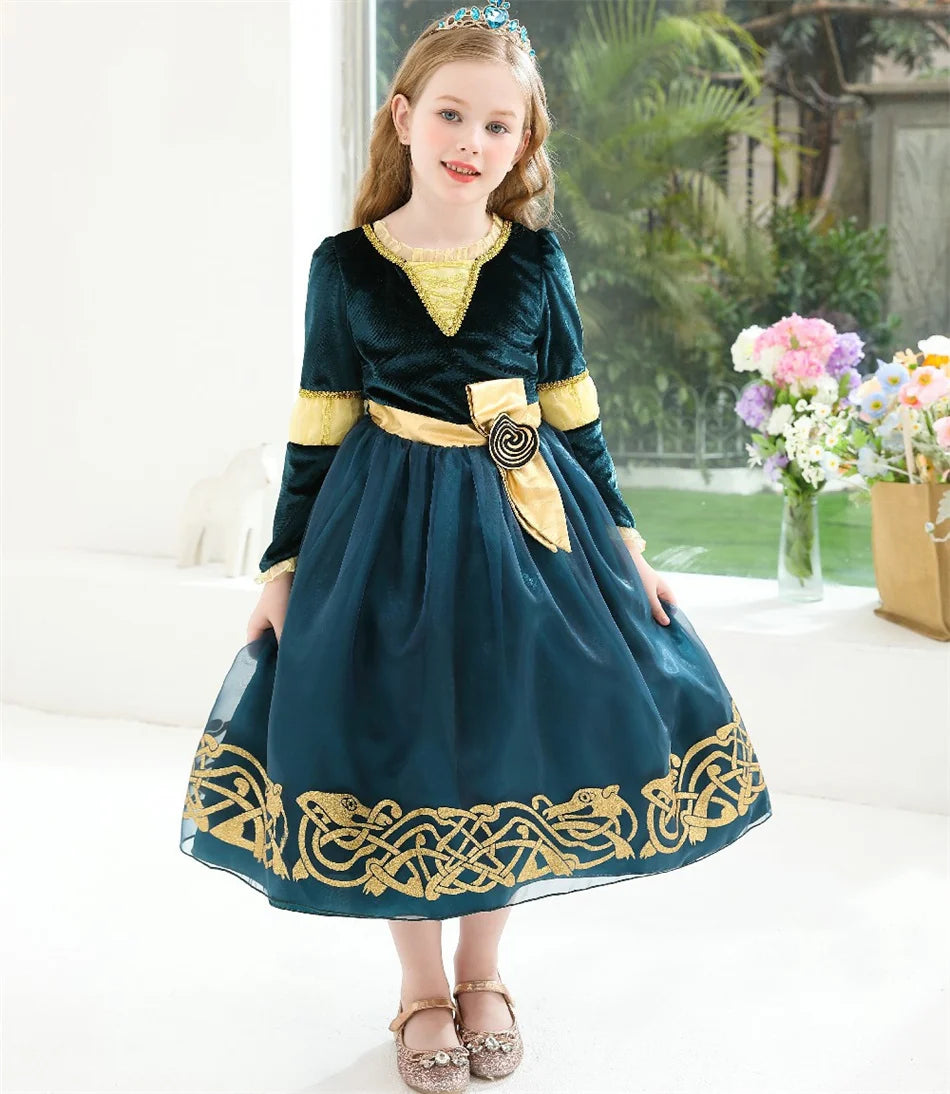 Girls Merida Cosplay Princess Dress Children Stage Performance Clothes Kids Halloween Carnival Party Long Sleeves Outfits