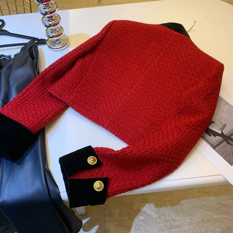 Mode Nähen Tweed Kurze Jacke Frauen Herbst Winter Elegante Büro Dame Mantel Y2K Koreanische O Neck Einreiher Crop Outwear