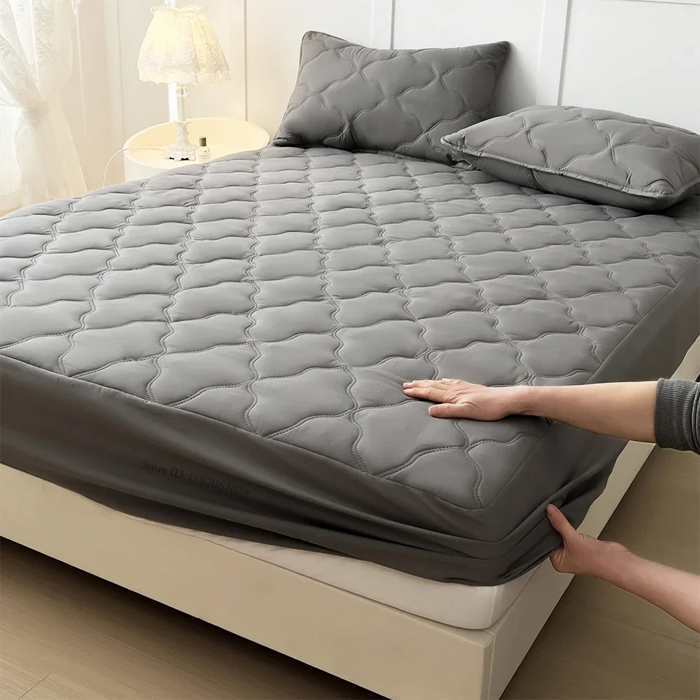 Throw Mattress Cover Bed Fitted Sheet Waterproof Mattress Bedspread Protector Pads Single/Double/King/Queen Full Size Gray/White.