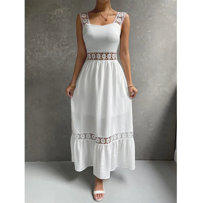 Weiße Lange Kleid Frauen Sommer Sexy Sleeveless Backless Maxi Kleider Damen Elegante Hohle Heraus Spitze Kleid Boho Sommerkleid Vestidos
