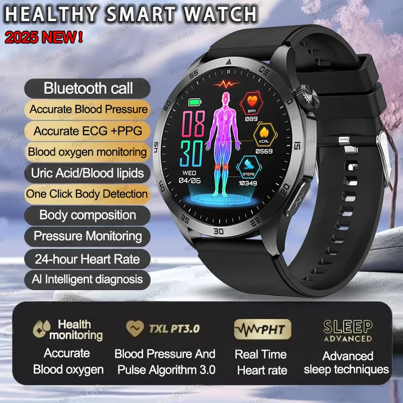 2025New Micro Physical Examination Blood Lipids Uric Acid Blood Pressure Smart Watch ECG+PPG Clock Bluetooth Call Smartwatch Men