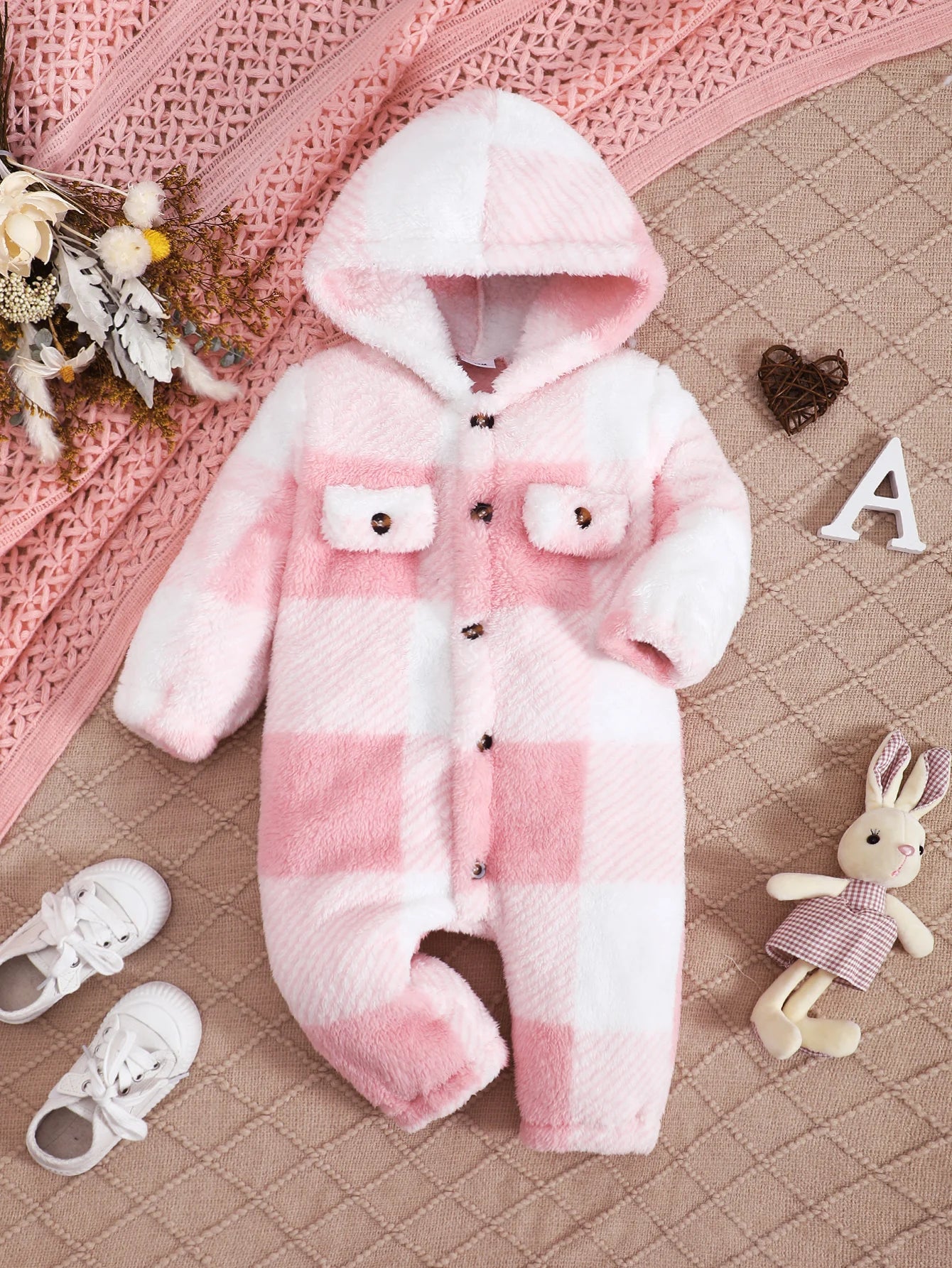 Baby-Strampler für Jungen und Mädchen, kariert, mit Kapuze, langärmelig, Plüsch-Overall, Winter, warmer Body, Kleidung für Kleinkinder im Alter von 3–24 Monaten