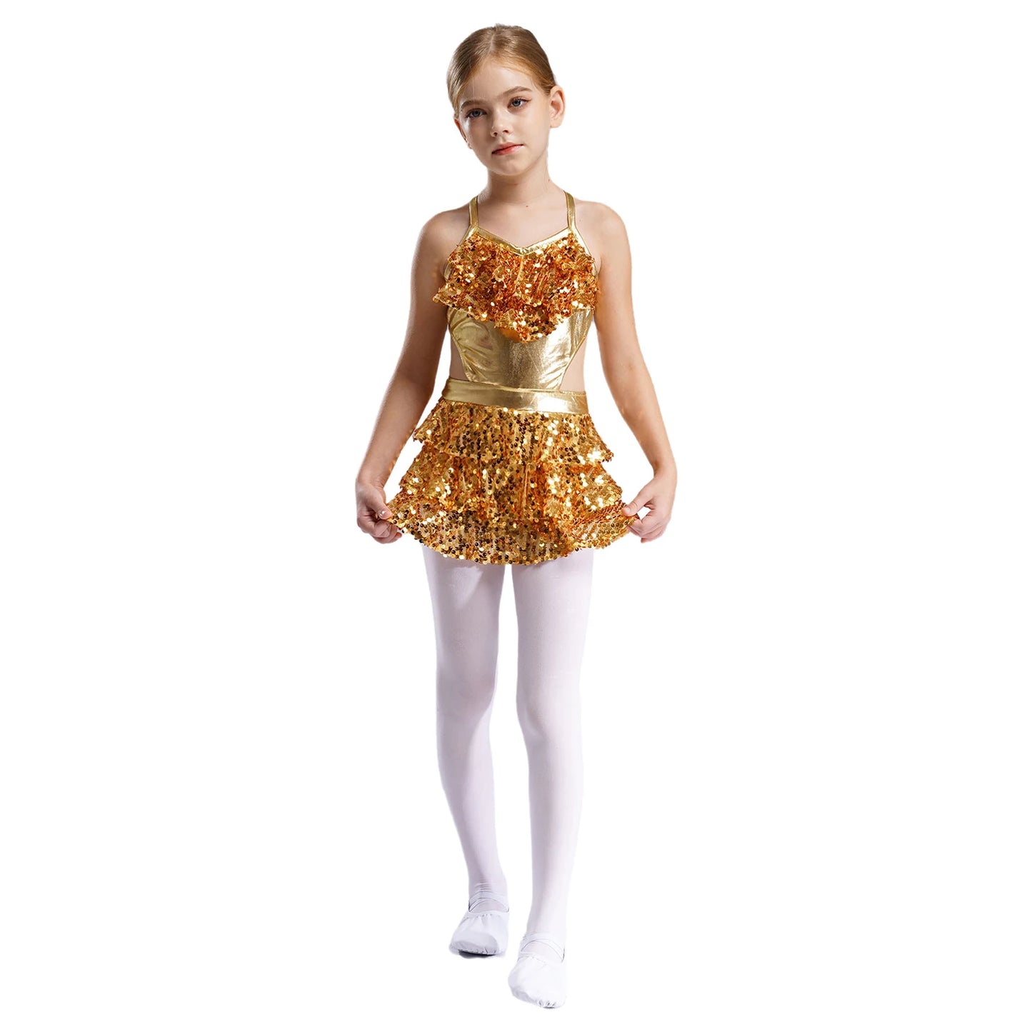 Kinder Mädchen Pailletten Jazz Ballett Tanzkleid Ärmellos Ausschnitt Tiered Rüschen Trikot Salsa Samba Rumba Skating Performance Kostüm