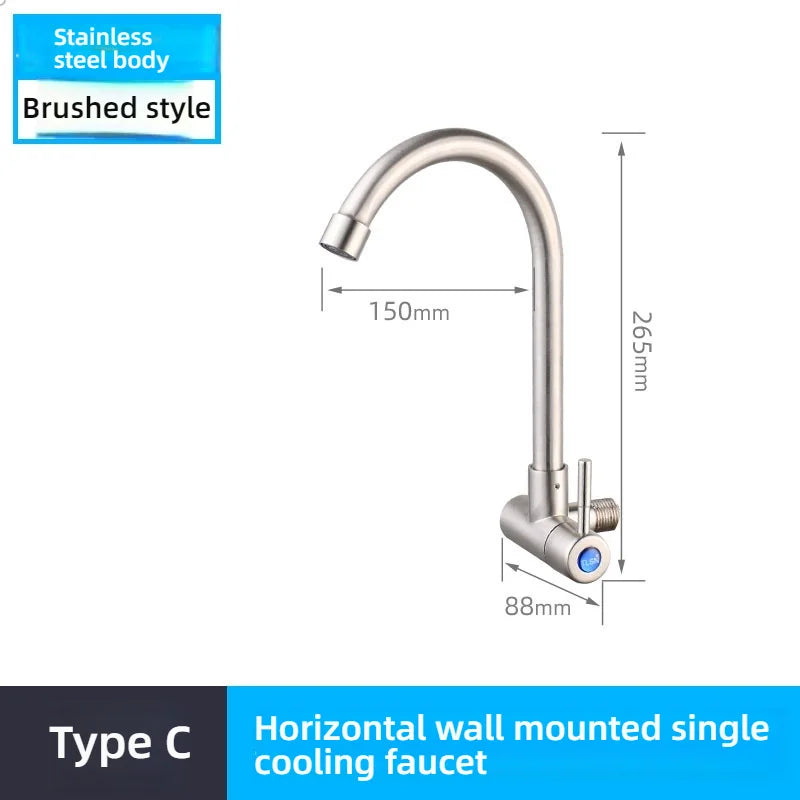 Kitchen Stainless Steel Faucet Wall Mounted Rotate Single Cold Water Sink Tap Household Kitchen Universal Faucet