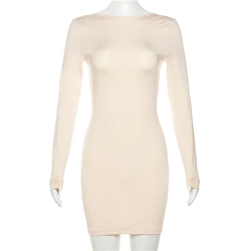 Zahlung Casual Mini Kleid Frauen Prägnante Klassische Backless Volle Hülse O-ansatz Grundlegende Weibliche Bodycon Straße Kleidung