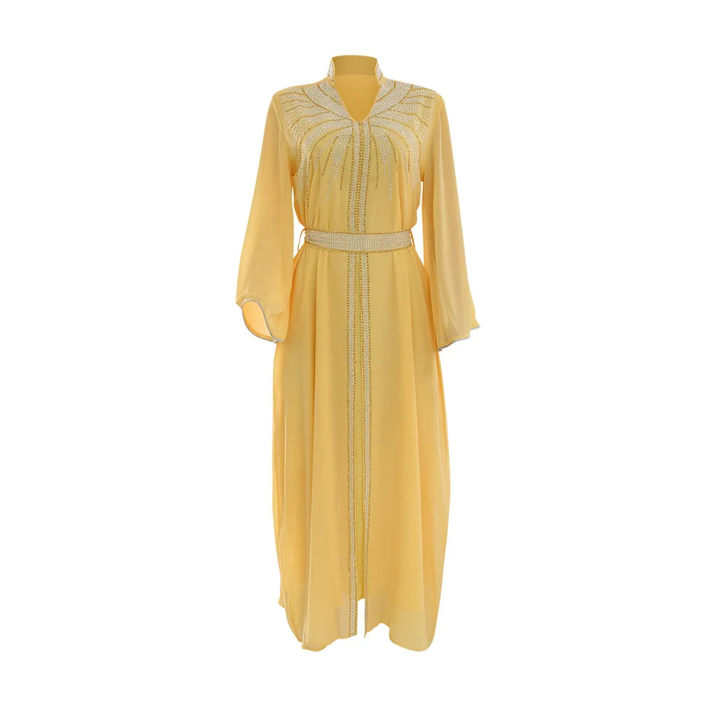 Uni Arabische Robe Mode Nahen Osten Muslimischen Kaftan Dubai Hot Fix Diamant Party Abendkleider für Frauen Kerb Stehkragen