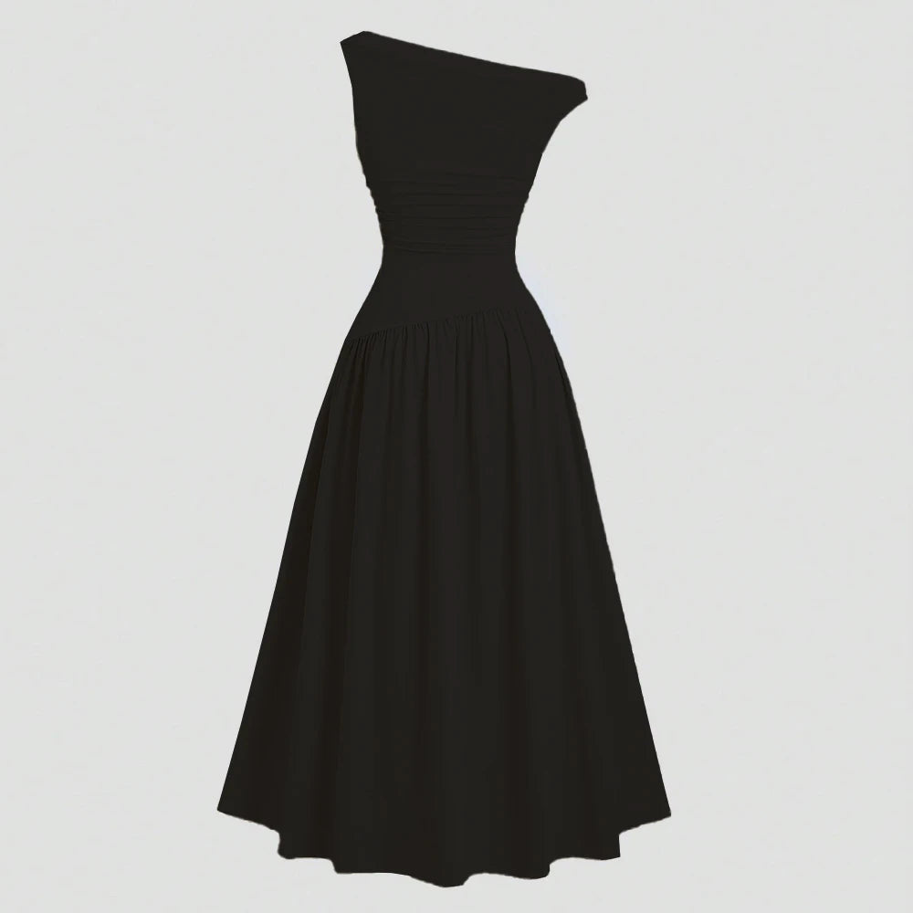 Mia Muse Kleider Sommer Französisch Einfarbig Asymmetrische Falten Ärmellose One-Shoulder Drapierte Midi Basics Kleider Für Frauen