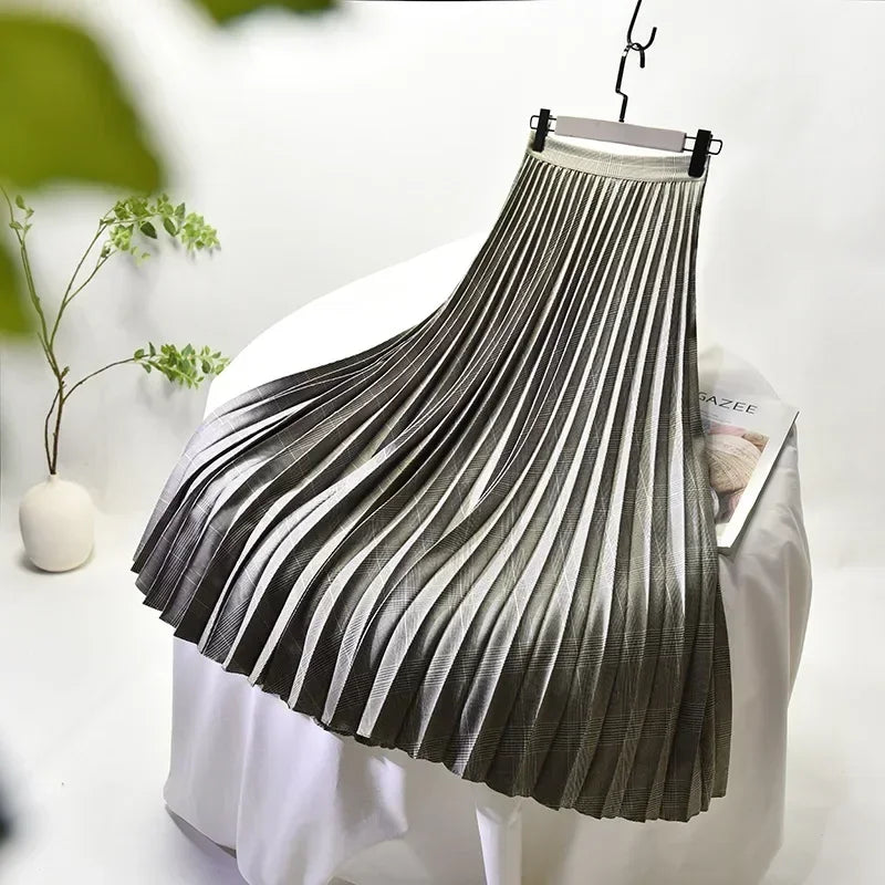 Looks Thin Pleated Skirt 2025 New High Waist A-line Skirt Mid-length Big Size Plaid Skirt Long Pleated Skirt Length 75-90cm