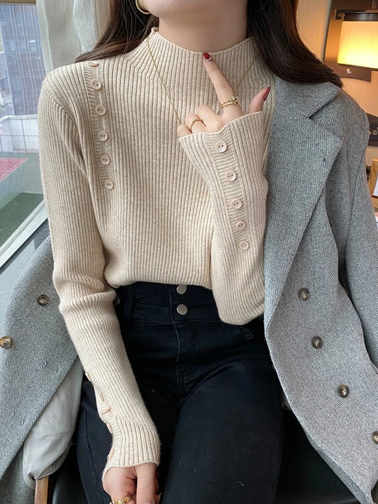 Langarm Beiläufige Dünne Pullover Mode Taste Grundlegende Gestrickte Tops Frauen Rollkragenpullover Koreanische Mode Einfache Chic Kleidung.