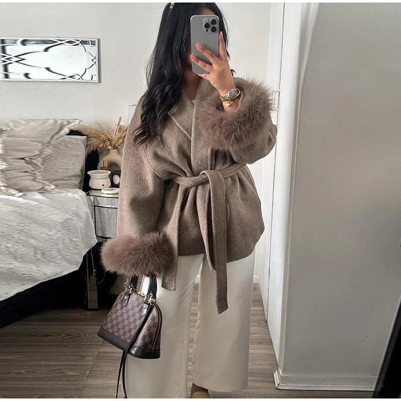 2025 Chic Revers Plüsch Mantel Mit Gürtel Frauen Vintage Feste Faux Pelz Hülse Tweed Offene Mäntel Weibliche Herbst Casual Straße outwear