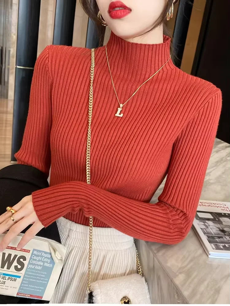 Herbst Und Winter Vielseitig Kleine Hohe Kragen Grundlegende Basis Engen Pullover Koreanische Mode Casual Langarm Top Für Frauen