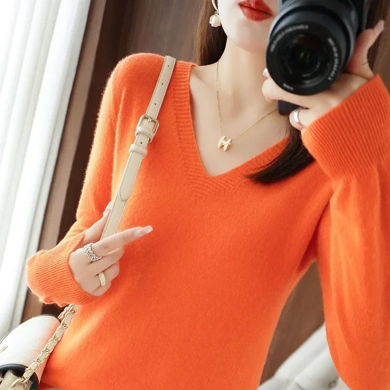 Herbst Winter Frauen Pullover 2025, Koreanische Mode Strickwaren Warme Lange Hülse V-ausschnitt Stricken Pullover Slim Fit Bodenbildung Shirt Jumper