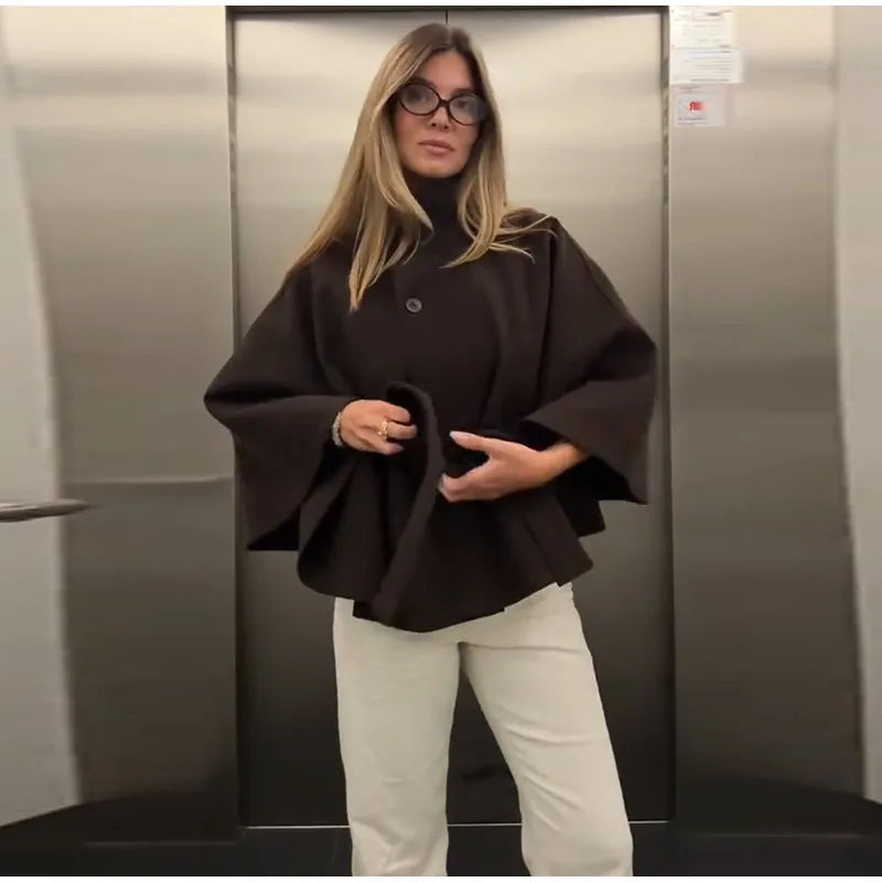 Damenmantel, kurze Cape-Mäntel für Damen, Gürtel, Mäntel aus Kunstwolle und Mischungen, Herbst-Winter, feste Mäntel, elegante Umhangjacke für Damen