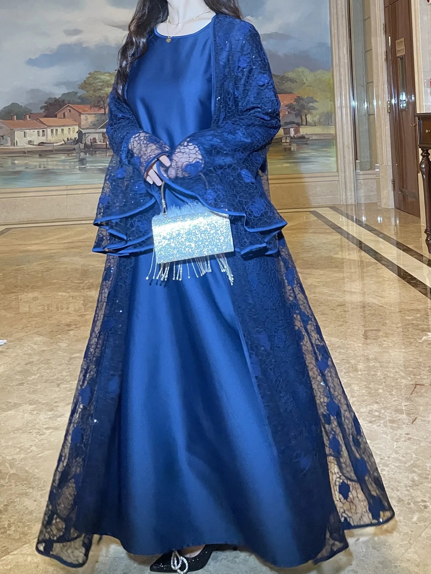 Muslim Women Abaya Dress 2 Piece Set Flare Sleeve Lace Sequin Satin Morocco Caftan Dress Musulman Ensembles Cadigan Outfit Suits