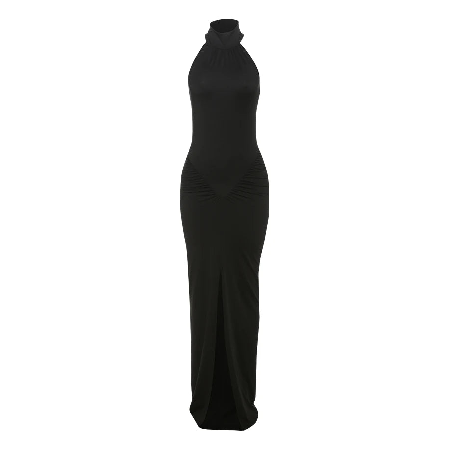 Whatiwear Off Schulter Mode Maxi Kleid Frauen Geraffte Rollkragen Ärmel Splits Robe Mitternacht Prom Party Elegante Vestidos