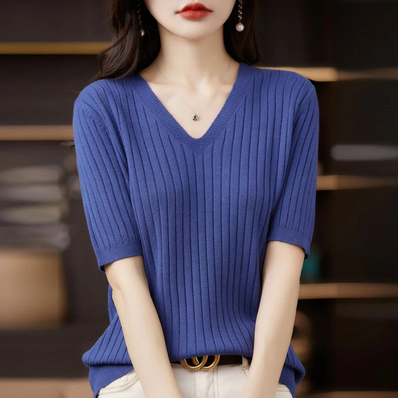 Frauen Pullover Frühling Sommer Kurzarm V-ausschnitt Strick Hemd Casual Koreanische Pullover Streifen Bodenbildung Shirt Slim Fit Jumper