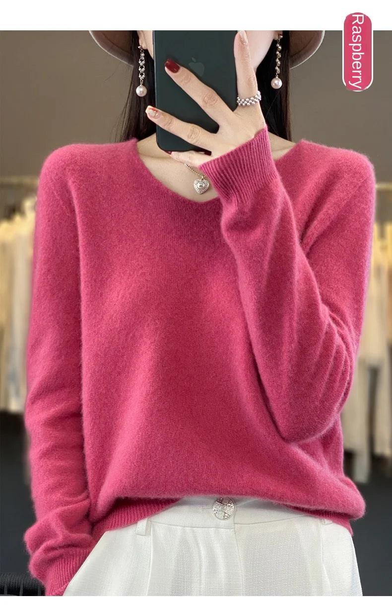 2024 100% Merino Reine Wolle V-ausschnitt Herbst Und Winter Pullover Pullover Neue Kaschmir Pullover frauen Beiläufige Gestrickte Top DMR201