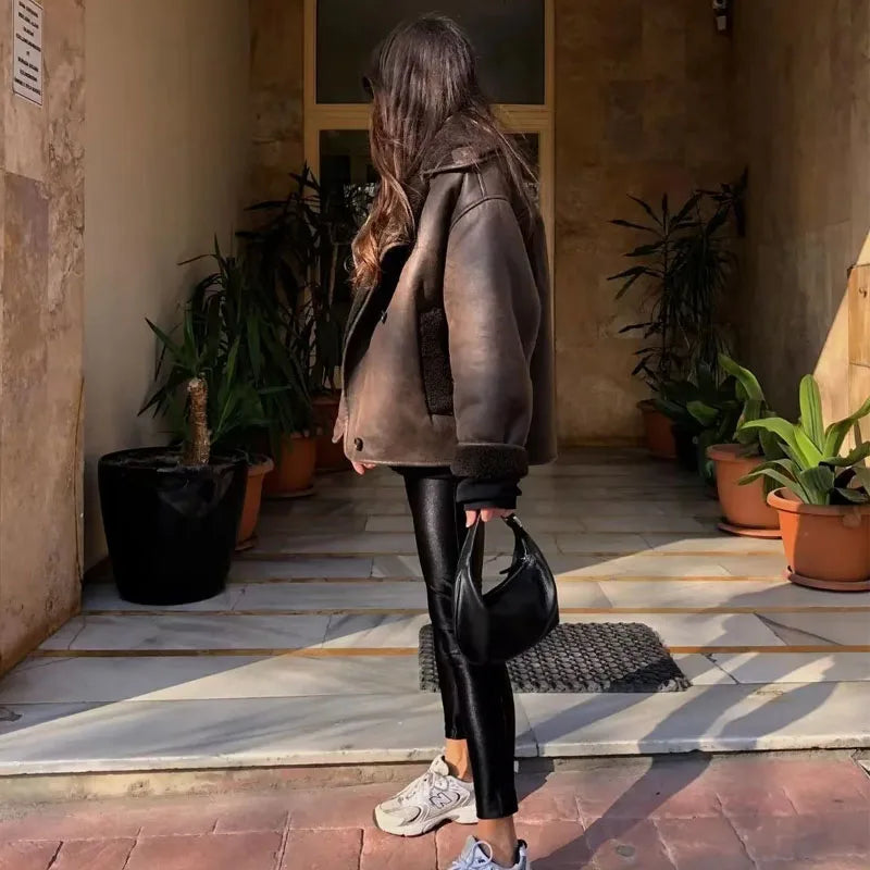 MUJER 2025 Frau Dicke Faux Leder Jacken für Frauen Herbst Winter Warme Mäntel Weibliche Demi-saison Plüsch Jacke Frauen Outer