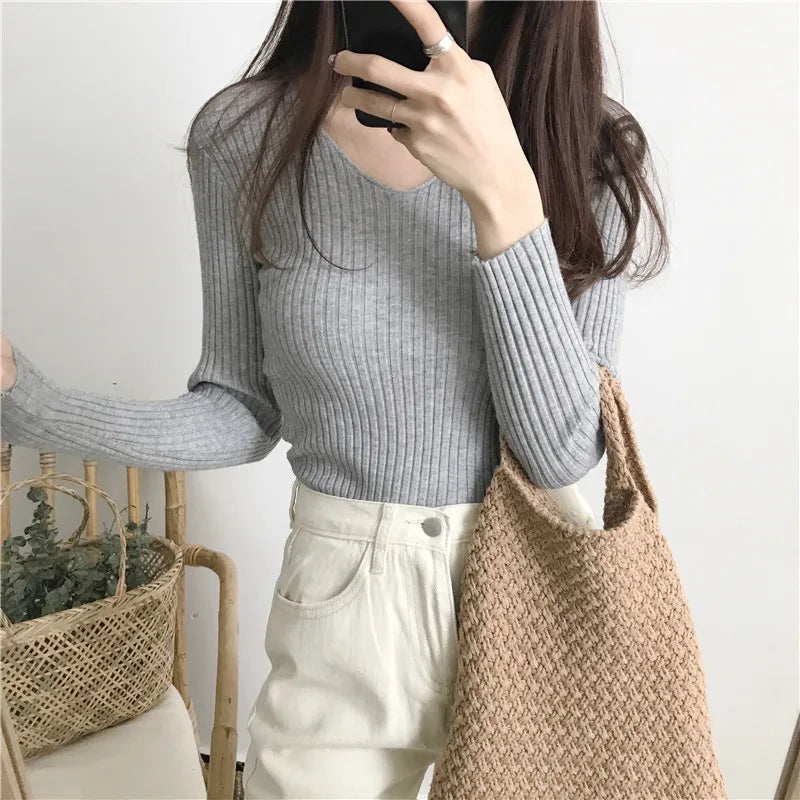 Koreanische Herbst V-ausschnitt Pullover Gestrickte Mode Pullover 2025, Schlank Winter Tops Für Frauen Pullover Jumper Pull Femme Truien Dames