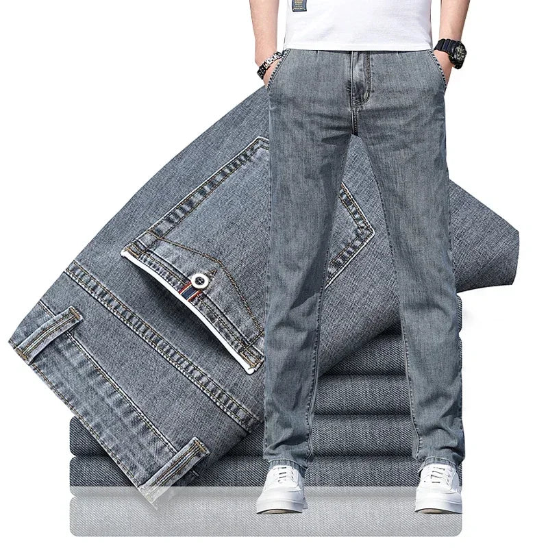 2025 sommer Neue männer Lose Grau Jeans Mode Lässig Stretch Gerade bein Denim Hosen Männlich Hellblau männer Hosen