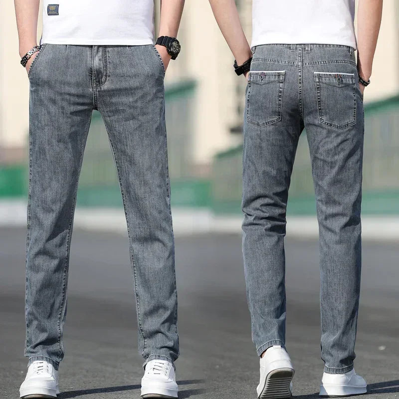 2025 sommer Neue männer Lose Grau Jeans Mode Lässig Stretch Gerade bein Denim Hosen Männlich Hellblau männer Hosen