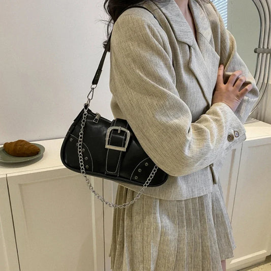 Vintage Rivet Women's Shoulder Bags Solid Color Ladies Underarm Bag Fashion Chain Small Handbags PU Leather Female Tote Purse.