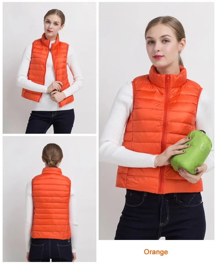 0-10 ℃ Frauen Westen Herbst Winter Ultra Licht Ente Unten Weste Weibliche Dünne Ärmellose Jacke Winddicht Warme Puffer Weste 4XL