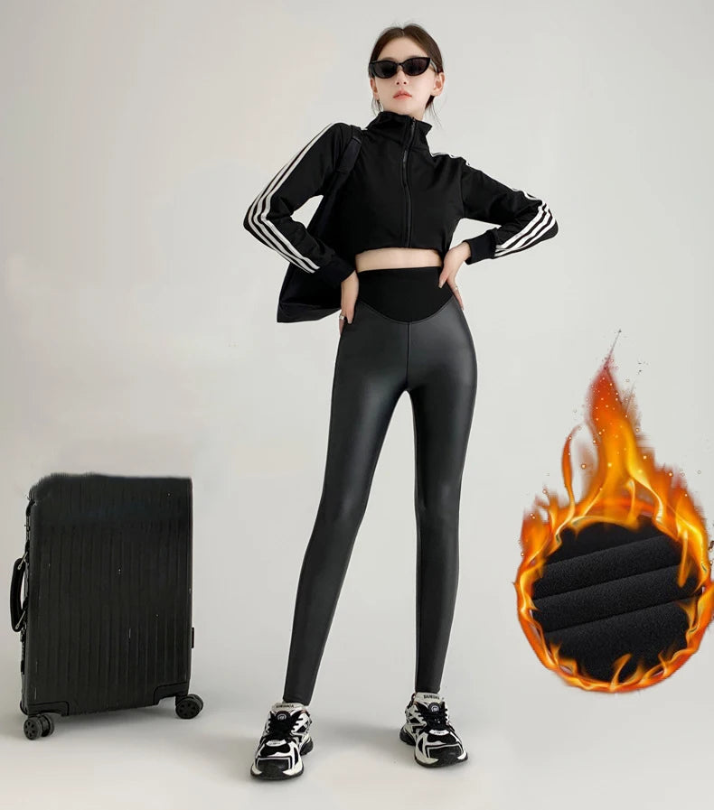 BIVIGAOS Herbst Neue Enge Stretch Leder Hosen Frauen Sharkskin Hohe Taille Spleißen PU Leder Fleece Sexy Leggings Winter Warm