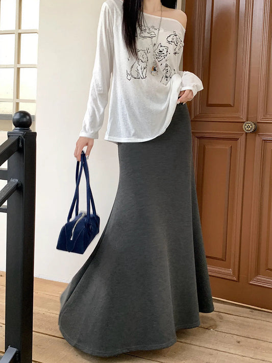 high quality Korean-style trumpet skirt women waist fall design knitted long skirt female.