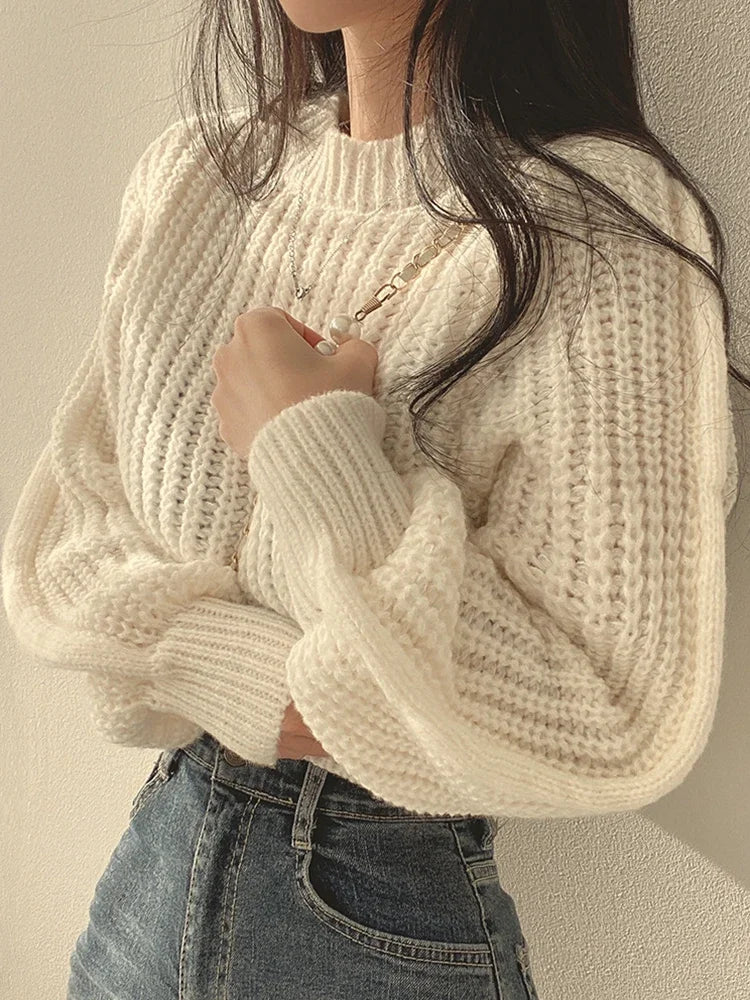 Lose Vintage Harajuku Laterne Langarm Frauen Pullover Koreanische Herbst Winter Strickwaren Weiche Warme Tops Chic Solide Femme Pullover