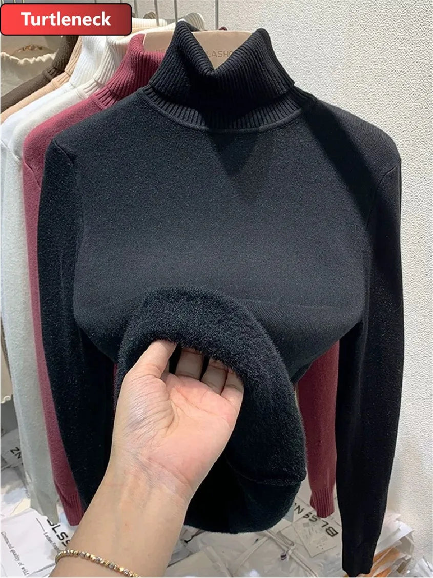 Pullover Für Frauen Winter Verdicken Rollkragen Schlank Stricken Pullover Neue Warme Plüsch Samt Gefüttert Strickwaren Jumper Tops Casual Poleras