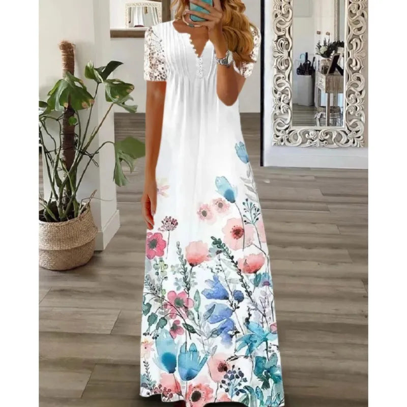 Frühjahr/Sommer Mode frauen Kurzarm Gedruckt Spitze Kleider Elegante frauen Weiß V-ausschnitt Slim Fit Party Lange vestidos