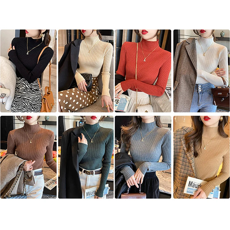 Herbst Und Winter Vielseitig Kleine Hohe Kragen Grundlegende Basis Engen Pullover Koreanische Mode Casual Langarm Top Für Frauen
