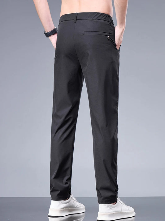 Summer New Business Ice Silk Pants Straight Elastic Waist Black Gray Trousers Breathable Simple Male Clothing Casual Suit Pants.