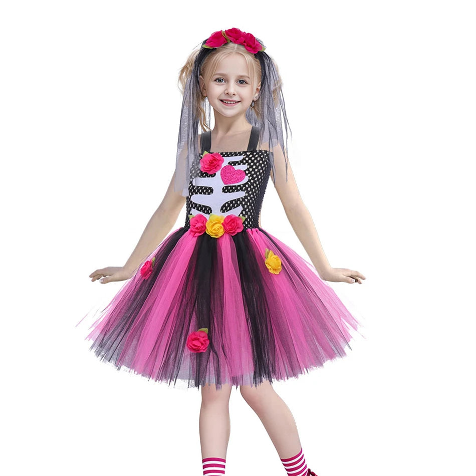 Halloween Kinder Kleid Cosplay Herz druck Skelett Kostüme Mädchen Blumen Schädel Tutu Kleidung Kinder Karneval Leistung Outfits