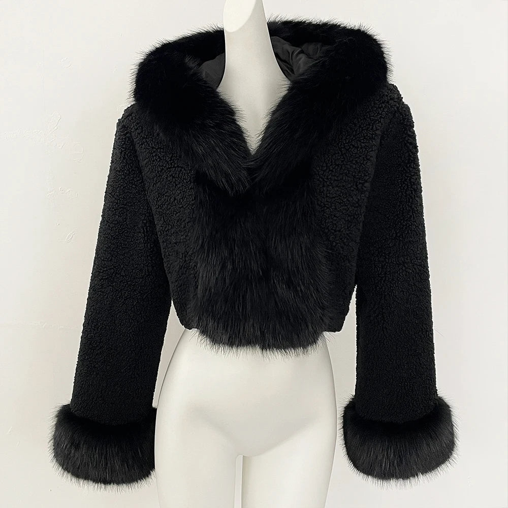 OFTBUY Lammwolle Weibliche Herbst Warme Dicke Faux Pelz Jacke Künstliche Winter Kleidung Frauen Mit Kapuze Kurze Pelzmantel Umweltfreundliche