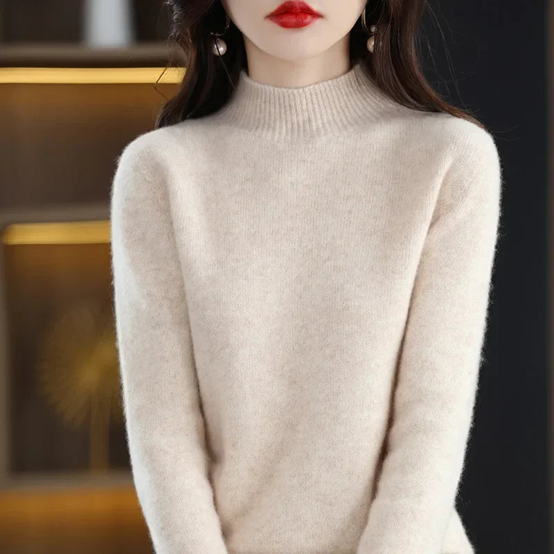Herbst Winter Frauen Pullover Koreanische Mode Warme Bodenbildung Shirts Halb Hohe Kragen Grundlegende Strickwaren Solide Langarm Pullover